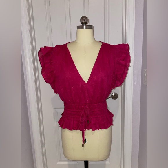 Karina Grimaldi Cranberry Red Ruffle Sleeve Top - Picture 1 of 3
